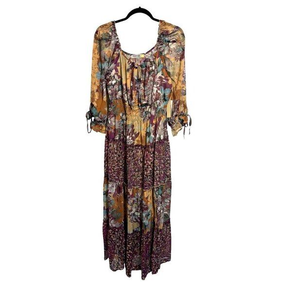 Figueroa and Flower Mocha Floral Print Peasant Maxi Dress - Picture 1 of 13